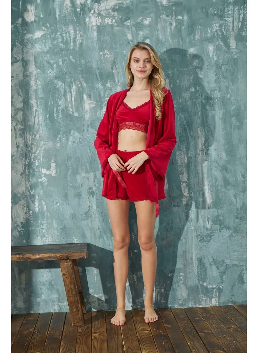 Bie'S Women's Crop French Velvet Wide Sleeve Dressing Gown Lace Detailed Bralette Shorts Pajama Set 3 Piece Set