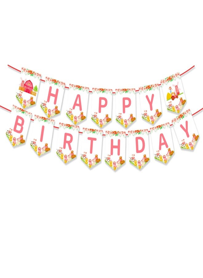 Lide Road 2Pcs Pink Farm Animals Birthday Party Banner Girls Farmhouse Floral Theme Happy Birthday Banner Cow Pig Donkey Banners Sign for Kids Barnyard Theme Bday Party Supplies - Image 1
