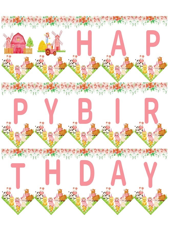 Lide Road 2Pcs Pink Farm Animals Birthday Party Banner Girls Farmhouse Floral Theme Happy Birthday Banner Cow Pig Donkey Banners Sign for Kids Barnyard Theme Bday Party Supplies - Image 2
