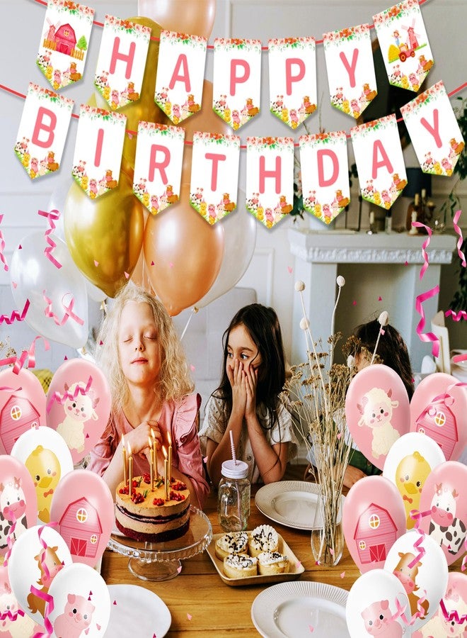 Lide Road 2Pcs Pink Farm Animals Birthday Party Banner Girls Farmhouse Floral Theme Happy Birthday Banner Cow Pig Donkey Banners Sign for Kids Barnyard Theme Bday Party Supplies - Image 3