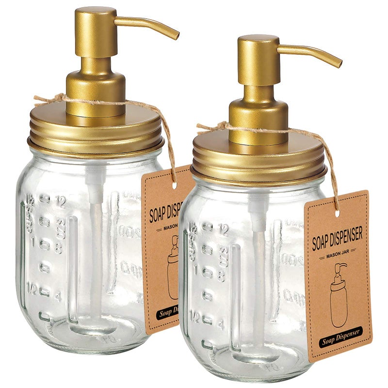 Amolliar Mason Jar Liquid Soap Dispenser Rustproof Stainless Steel Farmhouse Decor for Bathroom VanitiesKitchen Sink Liquid Soap Pumps for Hand SoapDish SoapLotionsGolden 2 Pack