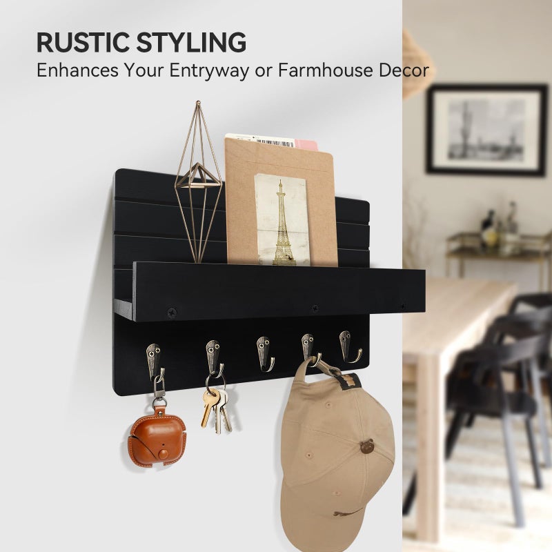 KISENG Key Holder Wall Mount, Rustic Key Hooks for Wall with Shelf for Mail Organizer, Entryway Decorative Key Rack with 5 Sturdy Hooks for Hanging Keys, Dog Leash, Sunglasses Wooden Key Hanger - Image 4