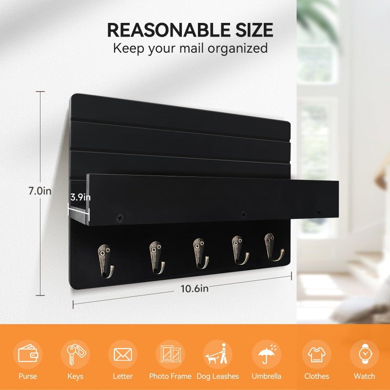 KISENG Key Holder Wall Mount, Rustic Key Hooks for Wall with Shelf for Mail Organizer, Entryway Decorative Key Rack with 5 Sturdy Hooks for Hanging Keys, Dog Leash, Sunglasses Wooden Key Hanger - Image 2