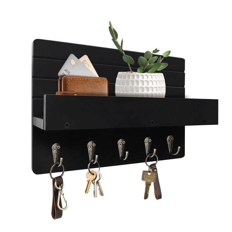 KISENG Key Holder Wall Mount, Rustic Key Hooks for Wall with Shelf for Mail Organizer, Entryway Decorative Key Rack with 5 Sturdy Hooks for Hanging Keys, Dog Leash, Sunglasses Wooden Key Hanger - Image 1