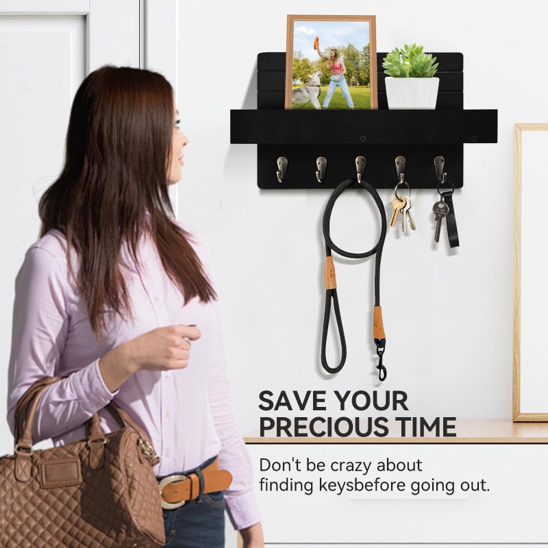 KISENG Key Holder Wall Mount, Rustic Key Hooks for Wall with Shelf for Mail Organizer, Entryway Decorative Key Rack with 5 Sturdy Hooks for Hanging Keys, Dog Leash, Sunglasses Wooden Key Hanger - Image 3
