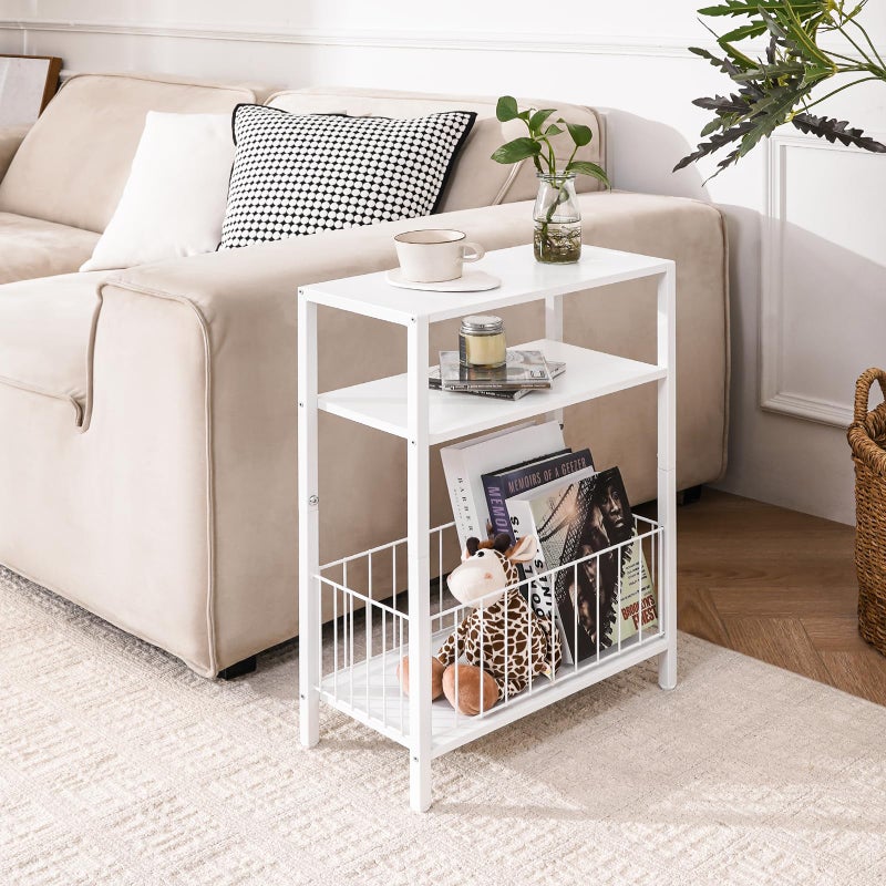 Yoobure Narrow Side Table with Storage Basket, Small End Table for Small Spaces, Skinny Side Tables Living Room Bedroom Office, Slim Nightstand 3 Tier Bedside Table Space-Saving for Magazine, White - Image 2