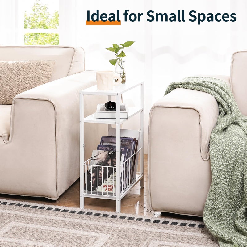 Yoobure Narrow Side Table with Storage Basket, Small End Table for Small Spaces, Skinny Side Tables Living Room Bedroom Office, Slim Nightstand 3 Tier Bedside Table Space-Saving for Magazine, White - Image 3