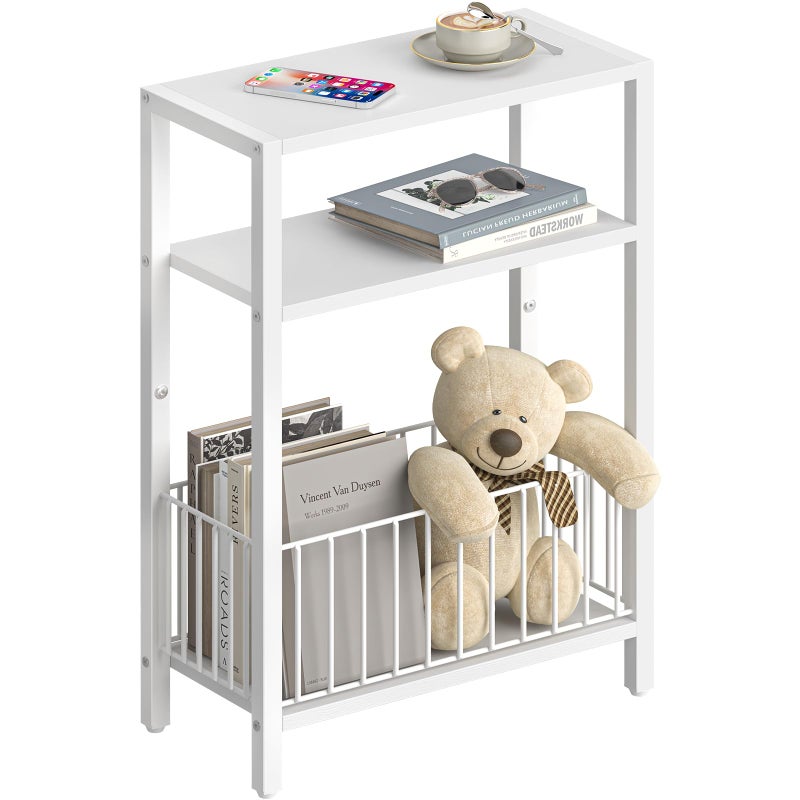 Yoobure Narrow Side Table with Storage Basket, Small End Table for Small Spaces, Skinny Side Tables Living Room Bedroom Office, Slim Nightstand 3 Tier Bedside Table Space-Saving for Magazine, White - Image 1