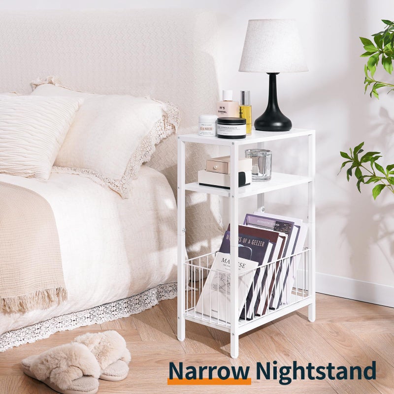 Yoobure Narrow Side Table with Storage Basket, Small End Table for Small Spaces, Skinny Side Tables Living Room Bedroom Office, Slim Nightstand 3 Tier Bedside Table Space-Saving for Magazine, White - Image 4