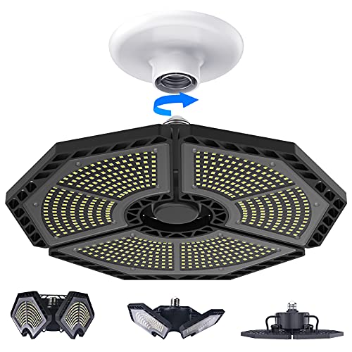 KERNOWO LED Garage Lights, 140W 18500 Lumens Garage Ceiling Lighting, 6000K Daylight with Deformable Three Panels Garage Light Fixture E26/E27 Triple Glow LED Shop Light for Garage Basement Workshop Warehouse - Image 1