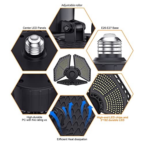 KERNOWO LED Garage Lights, 140W 18500 Lumens Garage Ceiling Lighting, 6000K Daylight with Deformable Three Panels Garage Light Fixture E26/E27 Triple Glow LED Shop Light for Garage Basement Workshop Warehouse - Image 3