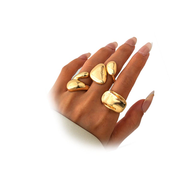 Uarein Chunky Gold Statement Ring for Women Adjustable Thick Stackable Teardrop Dome Bold Rings Polished Cuddle Geometric Band Ring Minimalist Jewelry Gifts (Gold) - Image 1