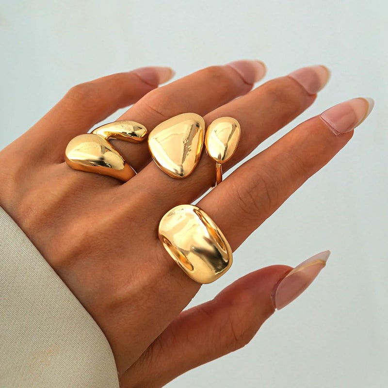Uarein Chunky Gold Statement Ring for Women Adjustable Thick Stackable Teardrop Dome Bold Rings Polished Cuddle Geometric Band Ring Minimalist Jewelry Gifts (Gold) - Image 4