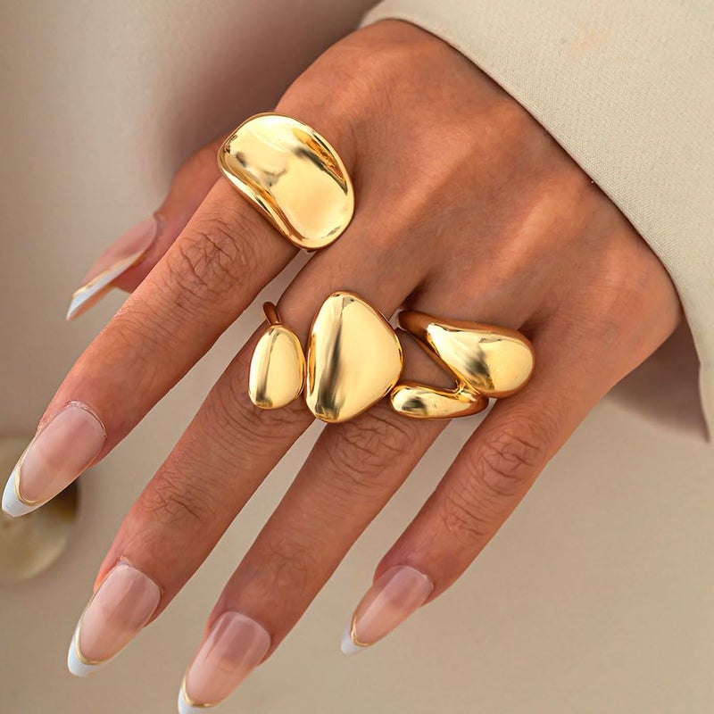 Uarein Chunky Gold Statement Ring for Women Adjustable Thick Stackable Teardrop Dome Bold Rings Polished Cuddle Geometric Band Ring Minimalist Jewelry Gifts (Gold) - Image 2
