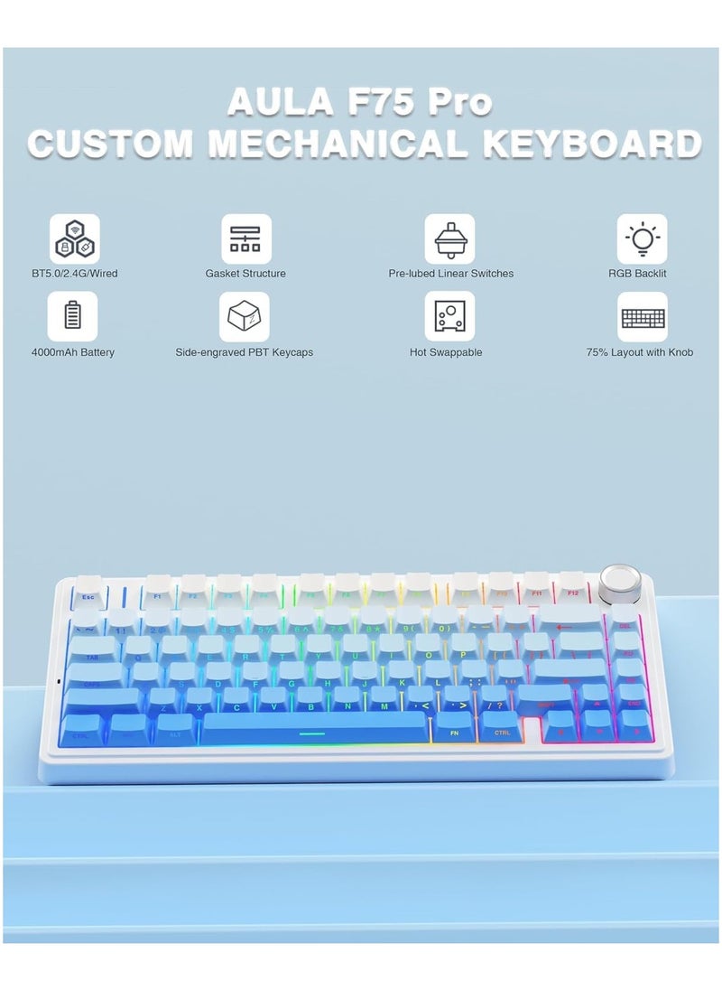 AULA F75 Pro Wireless Mechanical Keyboard,75% Gasket Hot Swappable Custom Keyboard,RGB Backlit,Pre-lubed Reaper Switches,Side Printed PBT Keycaps,2.4GHz/USB-C/BT5.0 Mechanical Gaming Keyboard  - Image 4