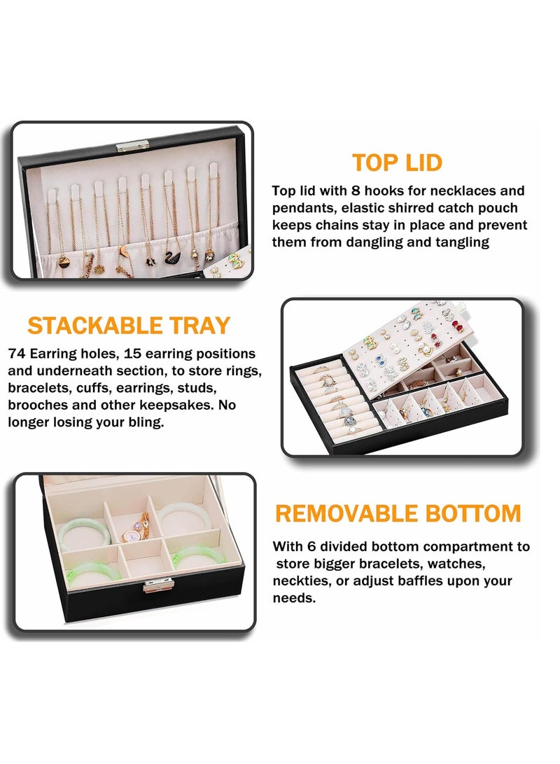 Arabest Jewelry Case Ring Box Leather Jewelry Box For Women Large Jewelry Organizer Two Layers With Lock Display For Earrings Bracelets Rings Watches Jewelry Organizer - Image 3