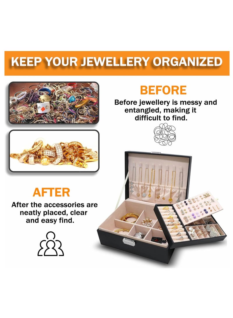 Arabest Jewelry Case Ring Box Leather Jewelry Box For Women Large Jewelry Organizer Two Layers With Lock Display For Earrings Bracelets Rings Watches Jewelry Organizer - Image 5