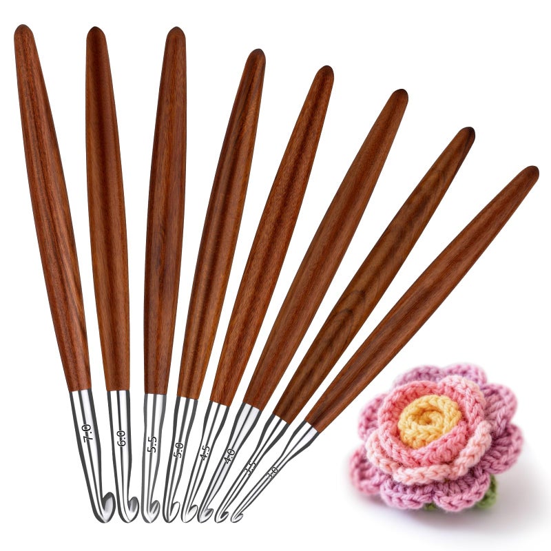 Lunarm 8 Pack Crochet Hooks Set, Ergonomic Aluminum Crochet Hooks with Wood Handle for Arthritic Hands DIY Craft Knitting Dolls, Bouquets, Blankets, Hats, Gloves from Various Yarns - Size 3mm-7mm - Image 1
