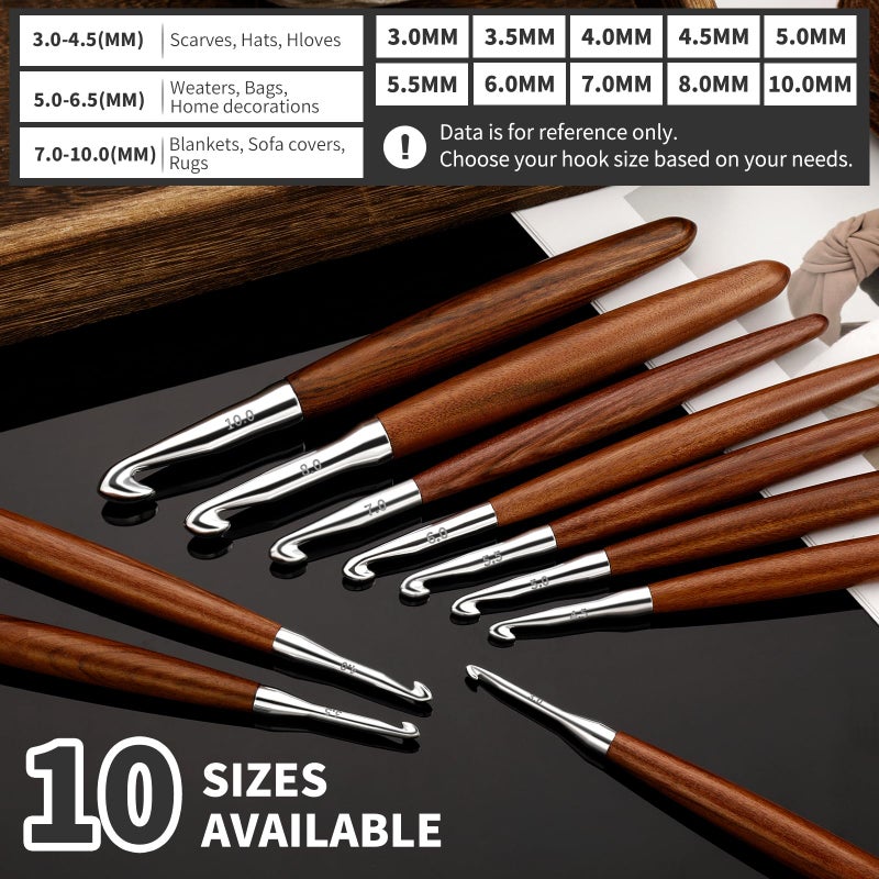 Lunarm 8 Pack Crochet Hooks Set, Ergonomic Aluminum Crochet Hooks with Wood Handle for Arthritic Hands DIY Craft Knitting Dolls, Bouquets, Blankets, Hats, Gloves from Various Yarns - Size 3mm-7mm - Image 5