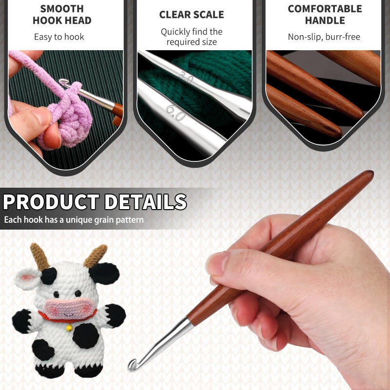 Lunarm 8 Pack Crochet Hooks Set, Ergonomic Aluminum Crochet Hooks with Wood Handle for Arthritic Hands DIY Craft Knitting Dolls, Bouquets, Blankets, Hats, Gloves from Various Yarns - Size 3mm-7mm - Image 3
