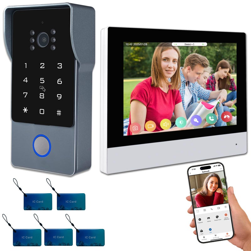 2Wires Video Intercom System 7 Inch 1080P WiFi Touch ScreenVideo Doorbell Doorphone System 32G Card Snapshot Monitoring Code Password Tuya App IC Card Unlock for Home Apartment
