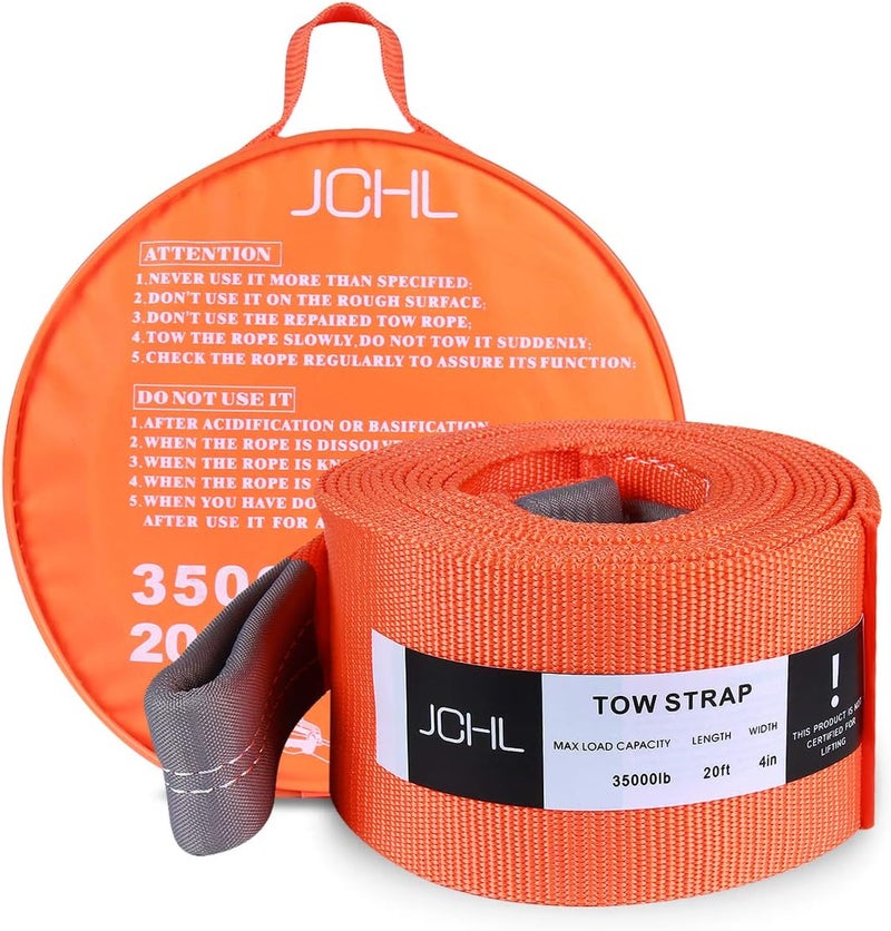 JCHL Recovery Tow Strap Heavy Duty Draw String 4" x20ft 35000LBS (18TON) Rated Capacity Off Road Towing Rope Reinforced Loops Storage Bag Emergency Tow - Image 1