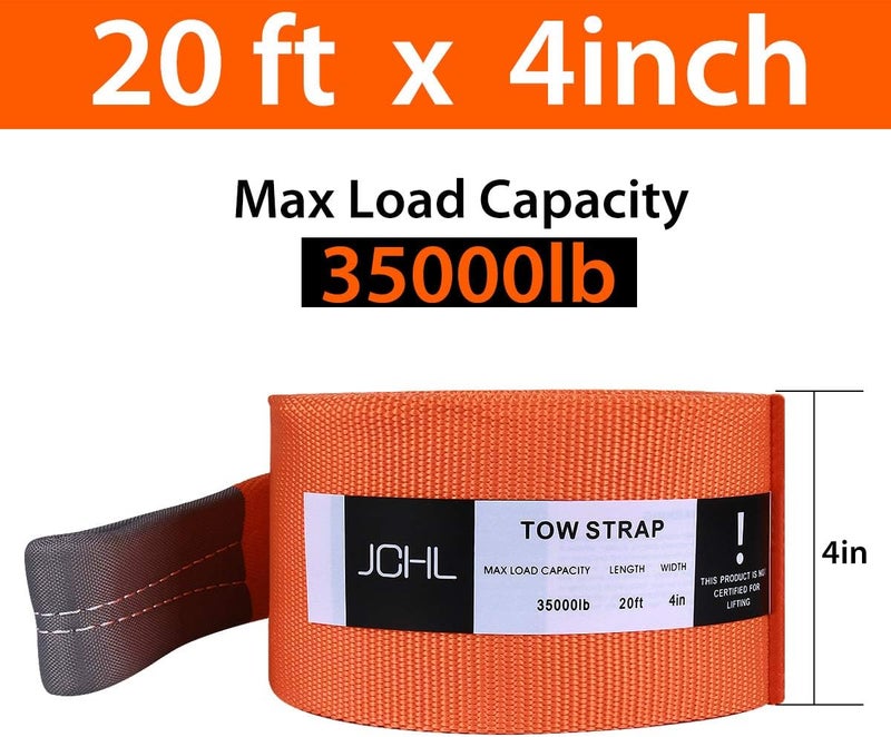 JCHL Recovery Tow Strap Heavy Duty Draw String 4" x20ft 35000LBS (18TON) Rated Capacity Off Road Towing Rope Reinforced Loops Storage Bag Emergency Tow - Image 3