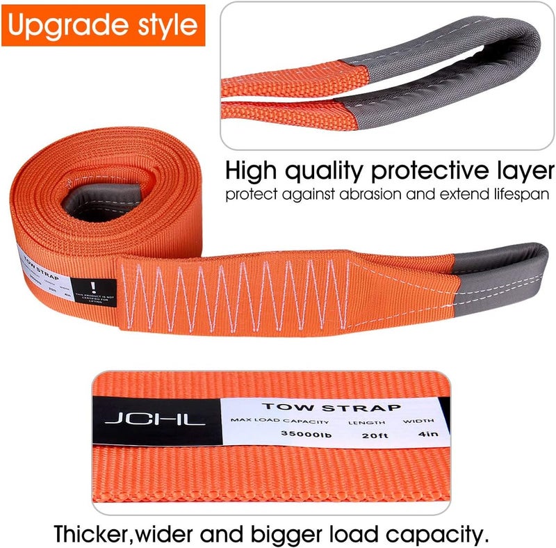 JCHL Recovery Tow Strap Heavy Duty Draw String 4" x20ft 35000LBS (18TON) Rated Capacity Off Road Towing Rope Reinforced Loops Storage Bag Emergency Tow - Image 2