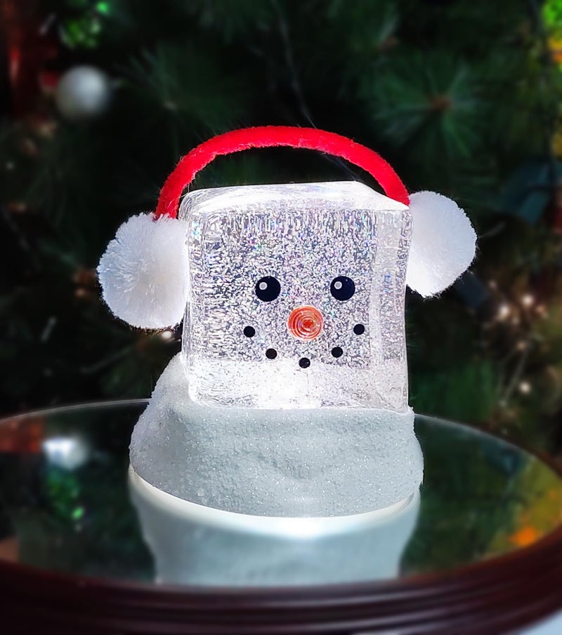 MOMENTS IN TIME 69H Acrylic Ice Cube Snowman  LED Lights Water Spinning Glitter Battery Operated