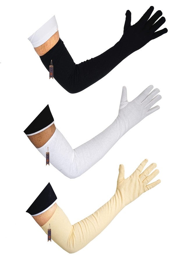 CLUZE 3 Pairs UV Long Sun Gloves Men's Sunblock Driving/Riding Gloves Non Slip Cotton Sun Protective for Outdoor Sports (Skin, Black, White) - Image 1
