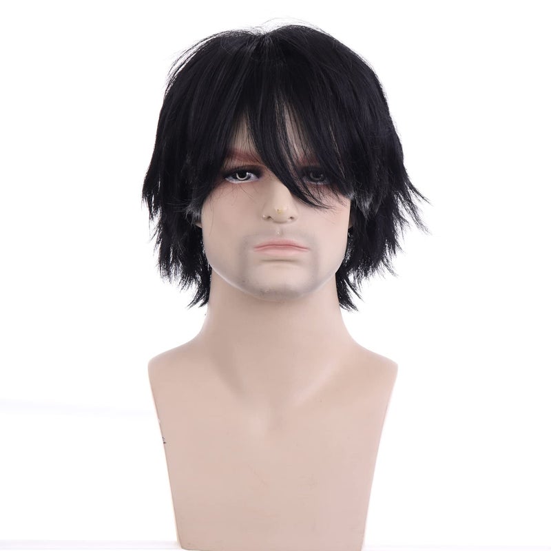 RightOn 12 Inches Black Wig Short Wig Cosplay Wig for Costume Party and Dress Up Short Wig for Men and Women Halloween Wigs with Wig Cap