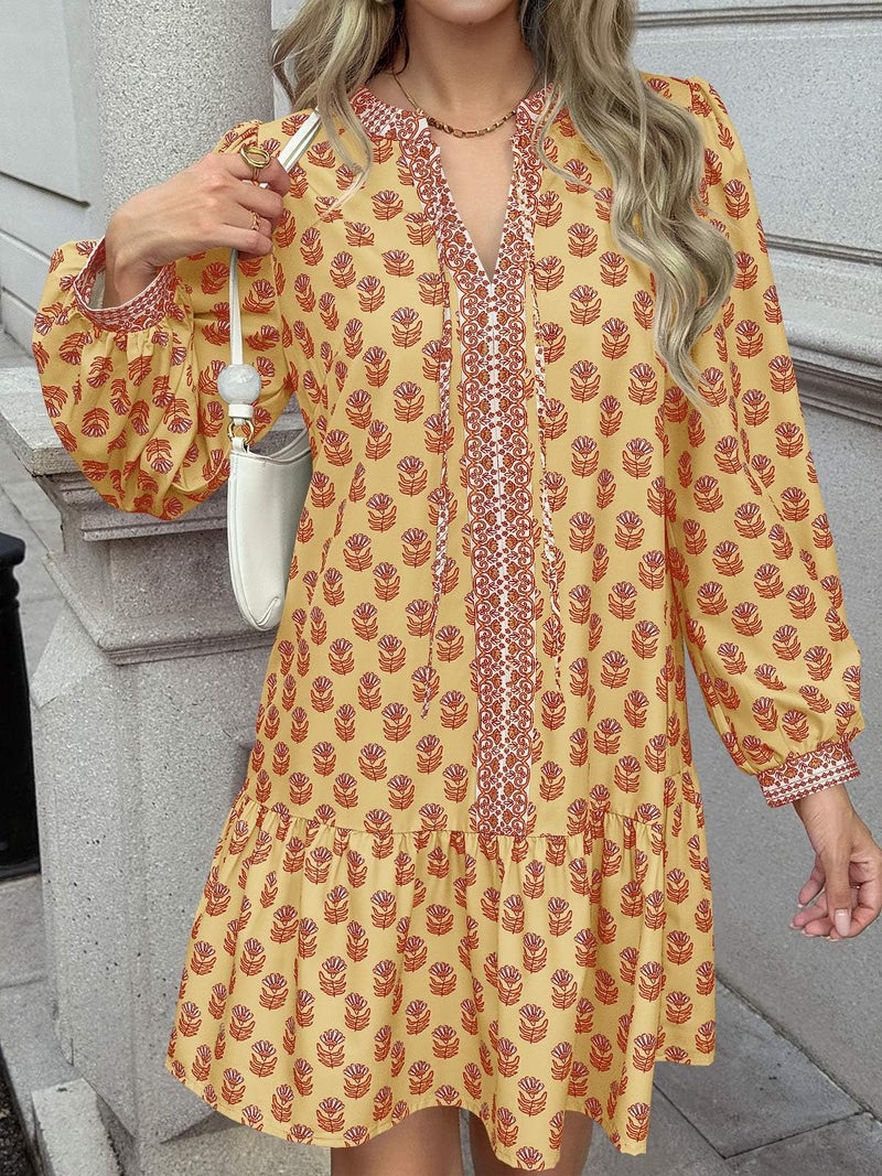 Wenrine Womens Long Sleeve Casual Mini Dress Floral V Neck Ruffle Loose Fall Boho Babydoll Dresses with Pockets Yellow - Image 4