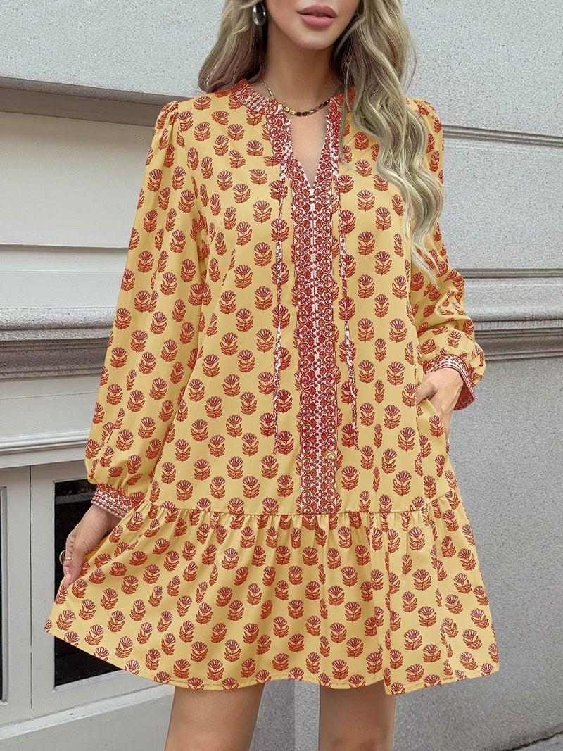 Wenrine Womens Long Sleeve Casual Mini Dress Floral V Neck Ruffle Loose Fall Boho Babydoll Dresses with Pockets Yellow - Image 3