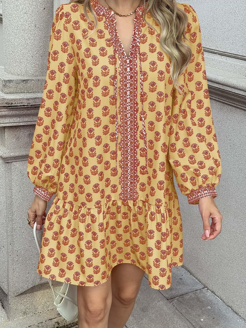 Wenrine Womens Long Sleeve Casual Mini Dress Floral V Neck Ruffle Loose Fall Boho Babydoll Dresses with Pockets Yellow - Image 5