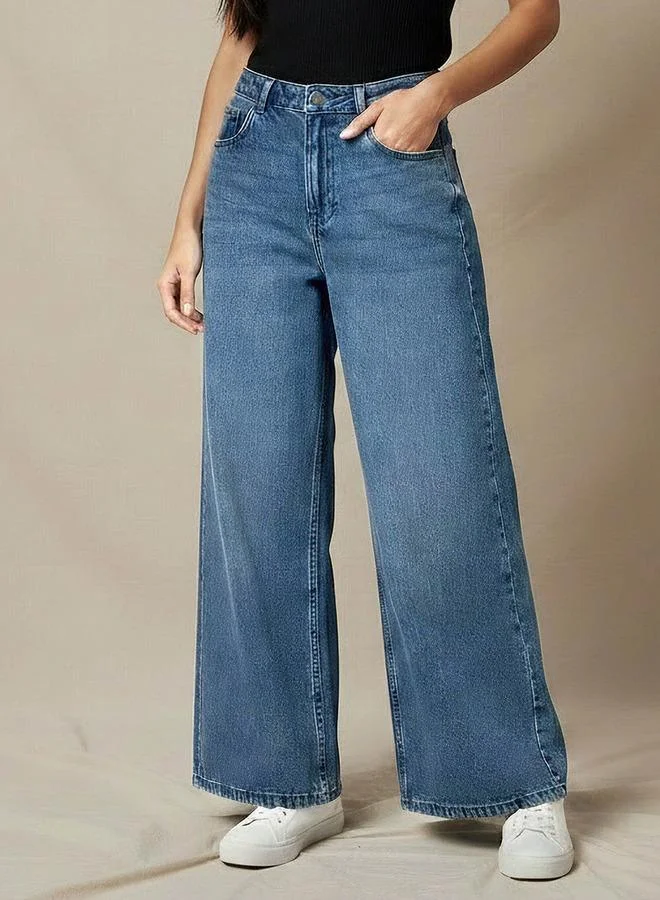 سبلاش فيڤ جينز نسائي واسع الساق بخصر متوسط