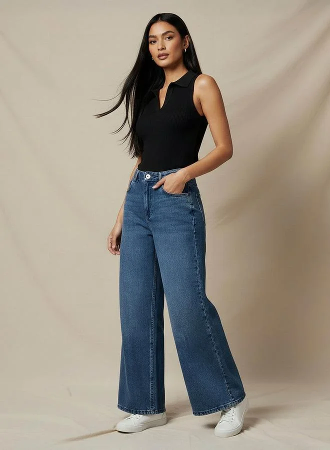 سبلاش فيڤ جينز نسائي واسع الساق بخصر متوسط