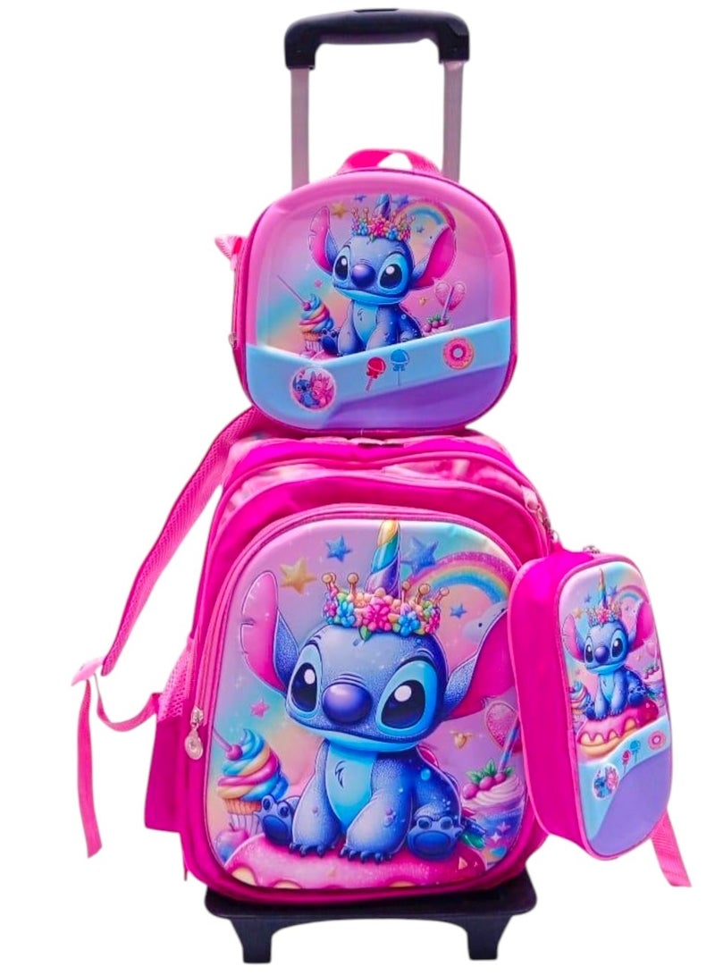 Disney Stitch 3-Piece School Bag Set with Trolley - Pink Backpack, Lunch Box & Pencil Case - Image 2