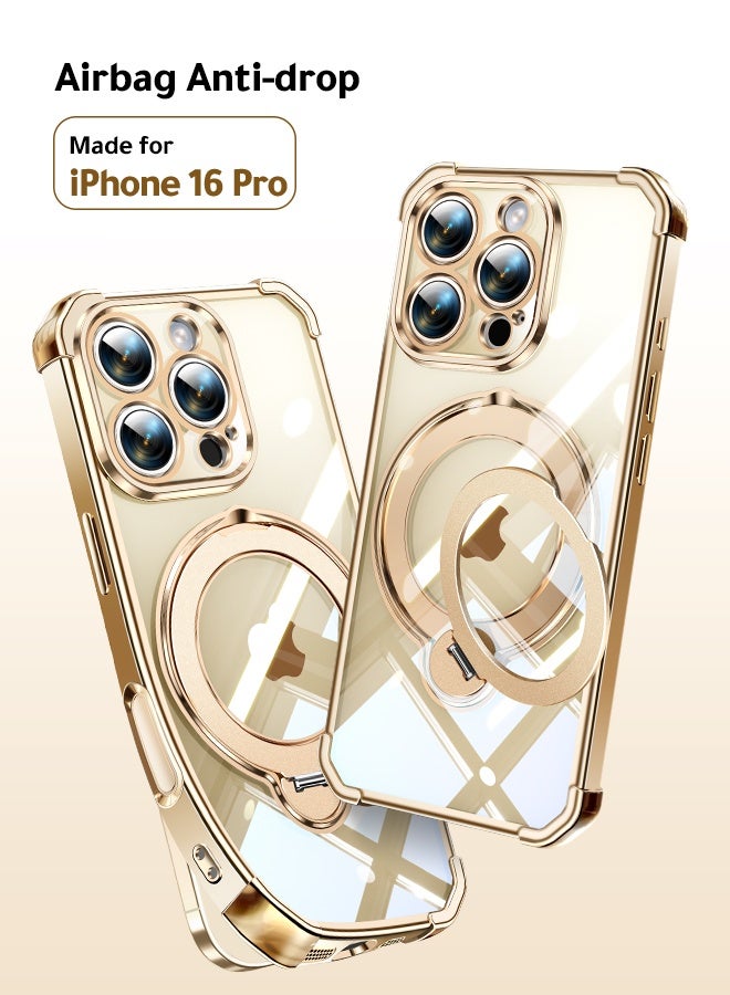 غطاء هاتف شفاف مغناطيسي لـ iPhone 16 Pro مقاس 6.3 بوصة، حامل حلقة دوارة بزاوية 360 درجة، متوافق مع MagSafe بقدرة 15 واط، حماية من السقوط بدرجة عسكرية، إطار ذهبي - Image 1