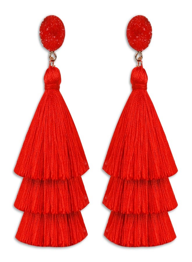 Yolev Layered Tassel Earrings for Women Bohemian Tassel Earrings Fringe Dangle Drop Earrings for Birthday Christmas Wedding Valentines Day Gift (Red) - Image 1