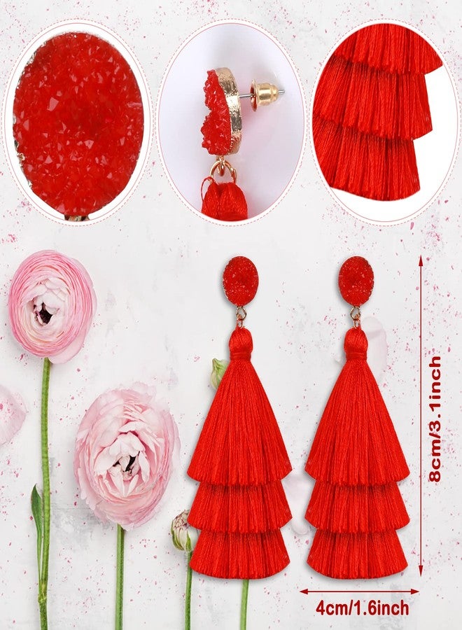 Yolev Layered Tassel Earrings for Women Bohemian Tassel Earrings Fringe Dangle Drop Earrings for Birthday Christmas Wedding Valentines Day Gift (Red) - Image 2