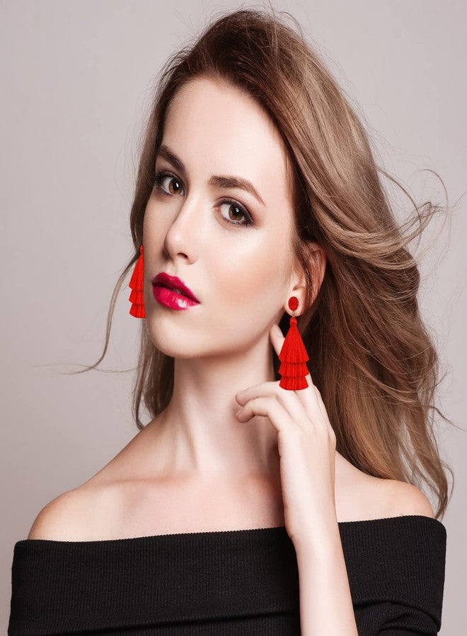 Yolev Layered Tassel Earrings for Women Bohemian Tassel Earrings Fringe Dangle Drop Earrings for Birthday Christmas Wedding Valentines Day Gift (Red) - Image 3