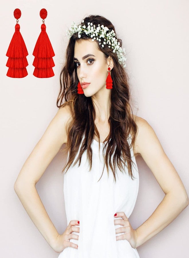 Yolev Layered Tassel Earrings for Women Bohemian Tassel Earrings Fringe Dangle Drop Earrings for Birthday Christmas Wedding Valentines Day Gift (Red) - Image 5