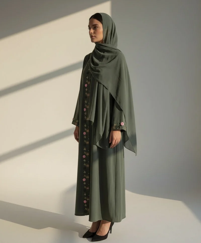 أم سكوير فاشن Olive Green Hand Embroidered Barbie Crepe Abaya