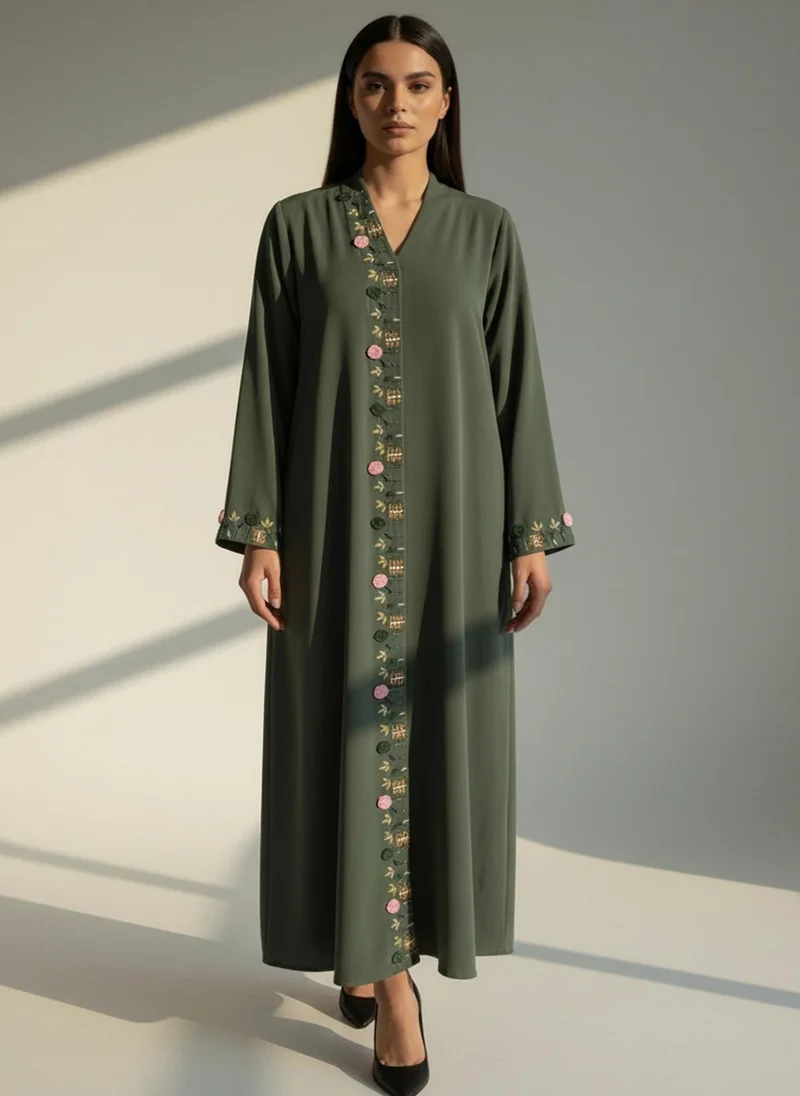 أم سكوير فاشن Olive Green Hand Embroidered Barbie Crepe Abaya