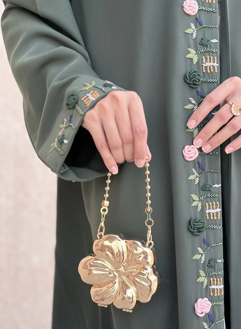 أم سكوير فاشن Olive Green Hand Embroidered Barbie Crepe Abaya I Made in UAE
