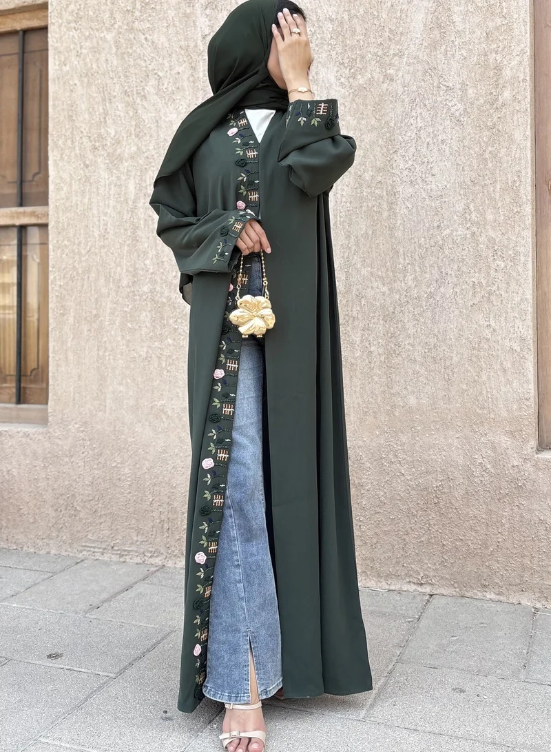 أم سكوير فاشن Olive Green Hand Embroidered Barbie Crepe Abaya I Made in UAE
