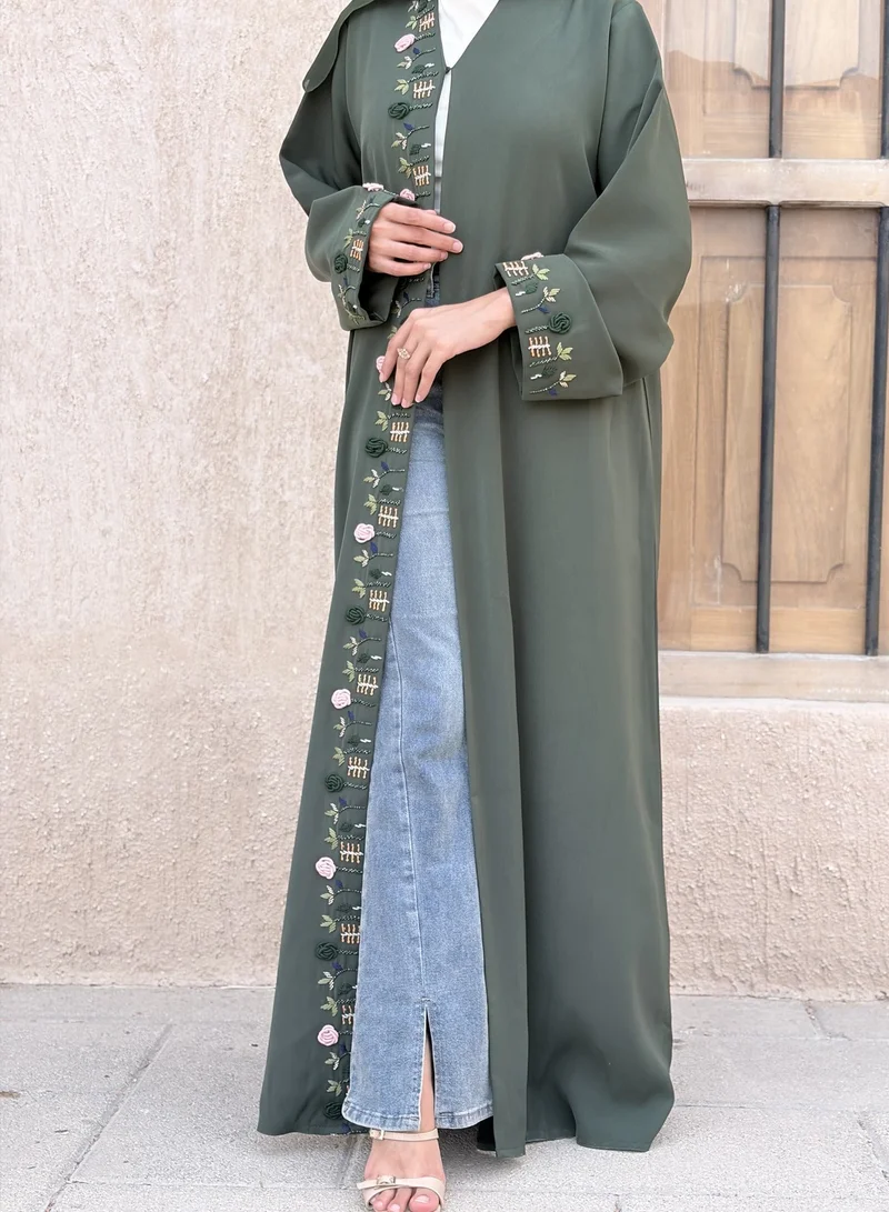 أم سكوير فاشن Olive Green Hand Embroidered Barbie Crepe Abaya I Made in UAE