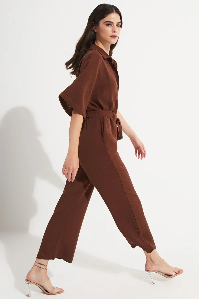 JUNE Women's Cotton Button Detail Shirt Collar Jumpsuit