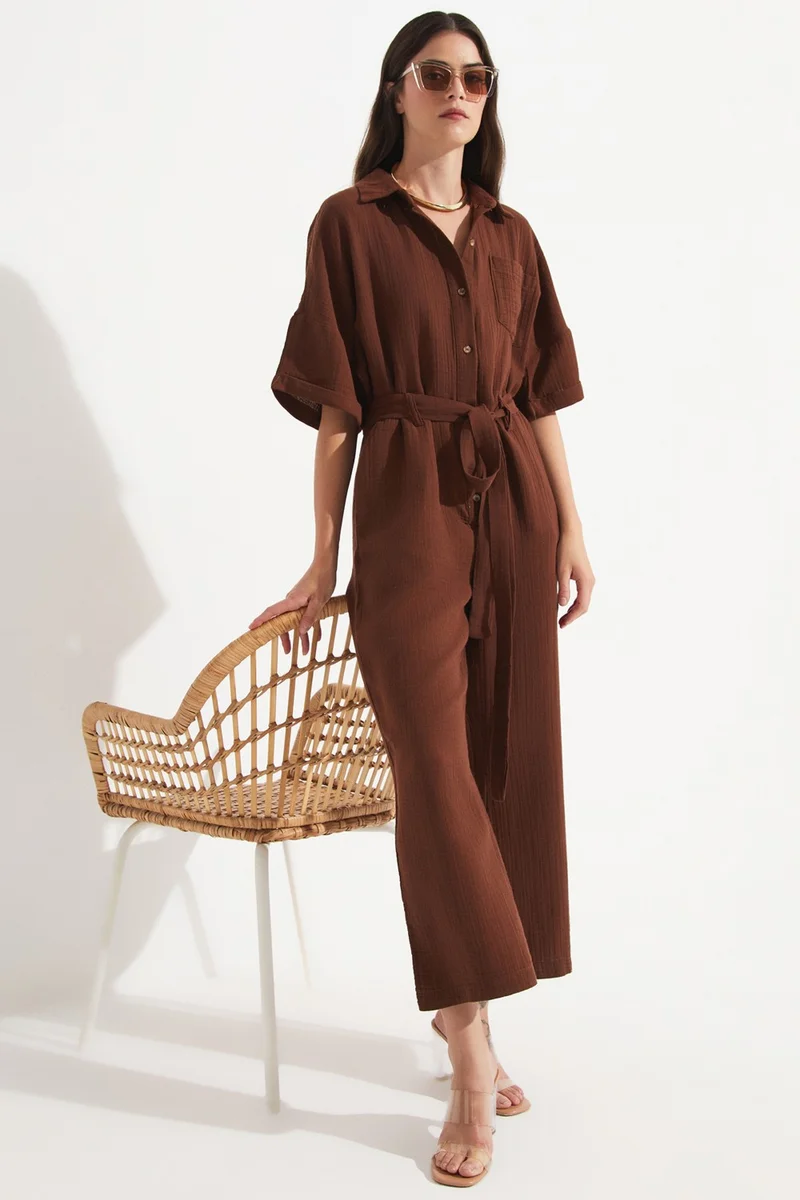 JUNE Women's Cotton Button Detail Shirt Collar Jumpsuit