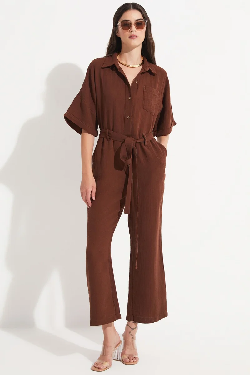 JUNE Women's Cotton Button Detail Shirt Collar Jumpsuit